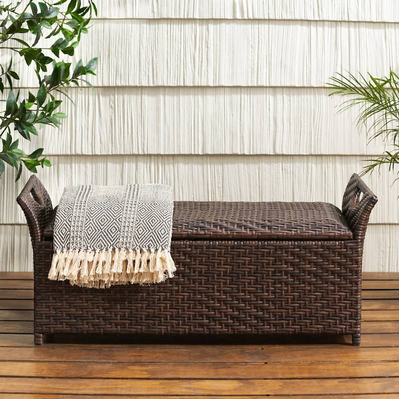 Roomfitters Outdoor Storage Bench, All-Weather Rattan Patio Deck Box with Lid for Garden or Porch, Brown