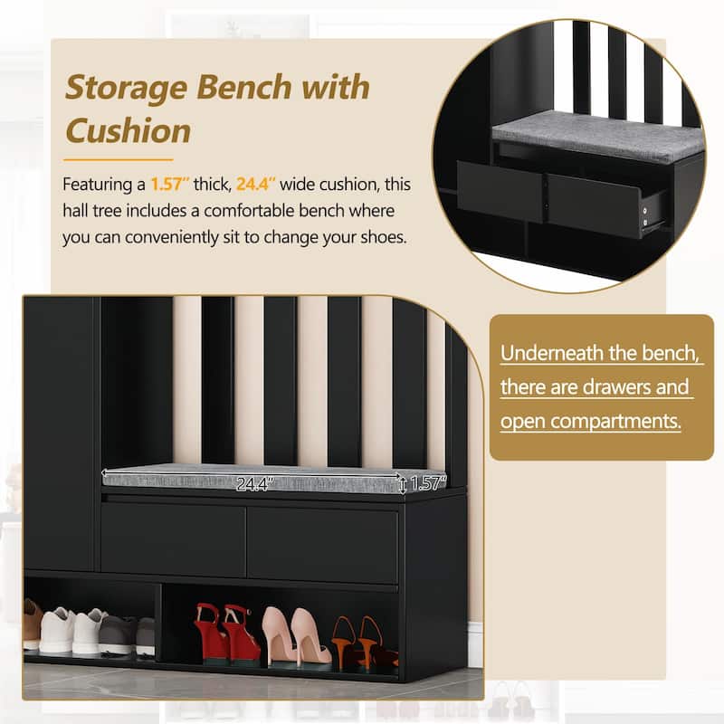 70.8"H Hall Tree with Cushioned Bench, Shoe Cabinet, Pegboard and 4 Hooks