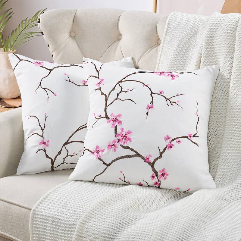 Embroidery Canvas Pillow Shell 2 Piece Set, Cherry Blossom, NO INSERT - 26" x 26" - Pink Cherry Blossom