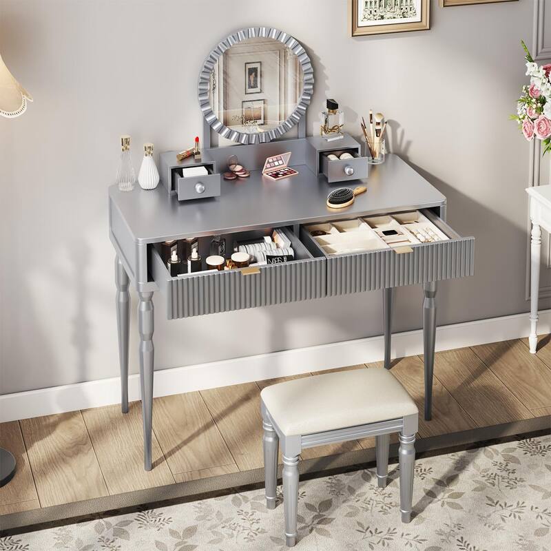 Silver Makeup Vanity Desk with Stool, 4 Drawers Dressing Table Set with Sunflower-shaped Vanity Mirror