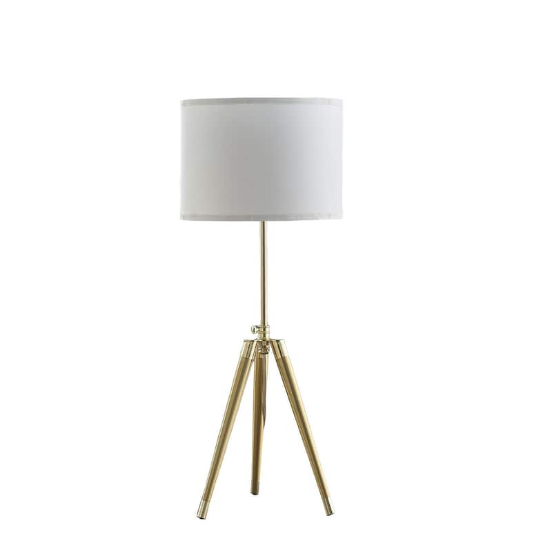 Gold Metal Tripod Table Lamp with White Linen Drum Shade and Adjustable Height - 14” x 14” x 39” (D x W x H)