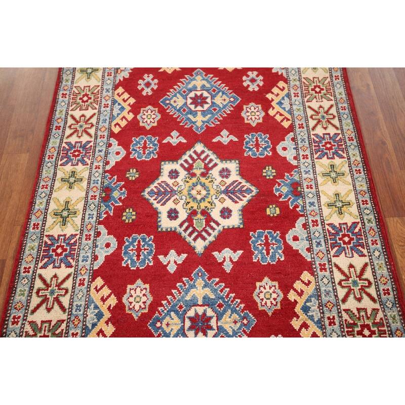 Red Geometric Kazak Oriental Foyer Rug Hand-Knotted Wool Carpet - 3'4" x 5'6"