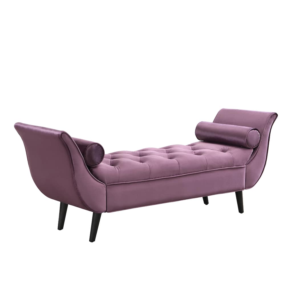 Upholstered Velvet Bench Purple End of Bed Bench with 2 Pillows, Button Tufted Ottoman Footstool with Rolled Arms