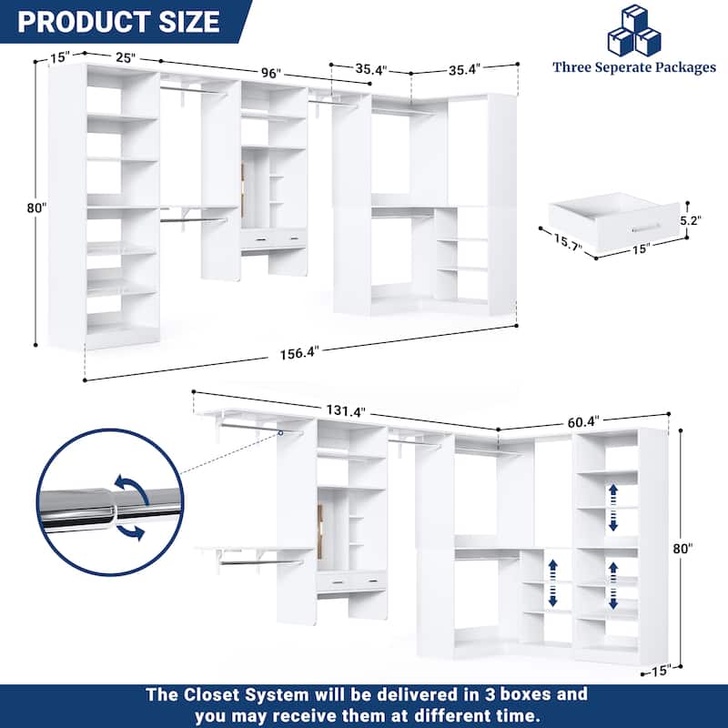 Cimly 131'' - 156'' Closet System with Makeup Vanity, All-in-one Corner Closet Organizer with Shoe Rack and Tower Shelves