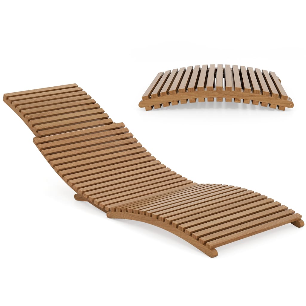 Gymax Outdoor Folding Teak Wood Chaise Lounge Chair w/Curved Lying