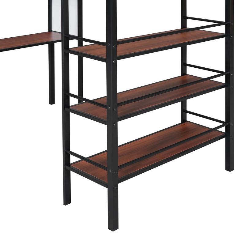 Twin Size Metal Loft Bed with 3-Tier Shelves, Desk, and Whiteboard, Black/White Finish