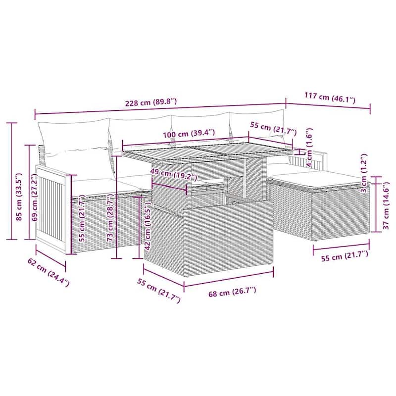 vidaXL Patio Sofa Set with Cushions Outdoor Furniture 6 Piece Poly Rattan - 21.7 x 24.4 x 27.2