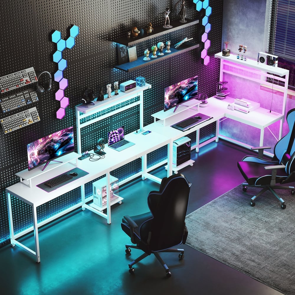 HOMCOM Gaming Desk, 62" L Shaped Desk with Power Outlets & LED Lights, 86" 2 Person Computer Table with Shelf