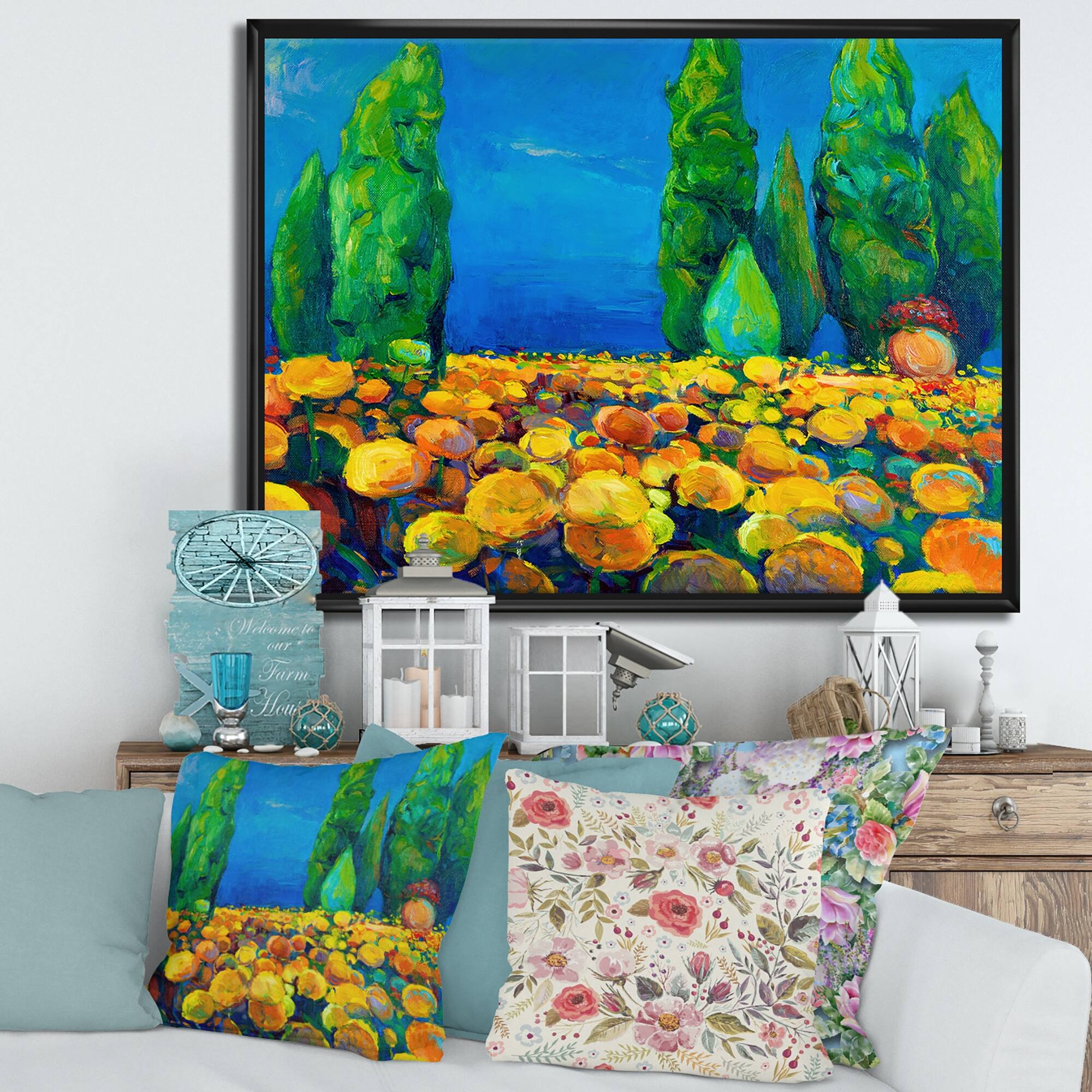 Designart "Yellow Blossoming Landscape With Green Trees" Traditional