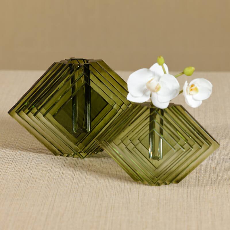 Crystal Glass Vase with Stacked Concentric Diamond Motif