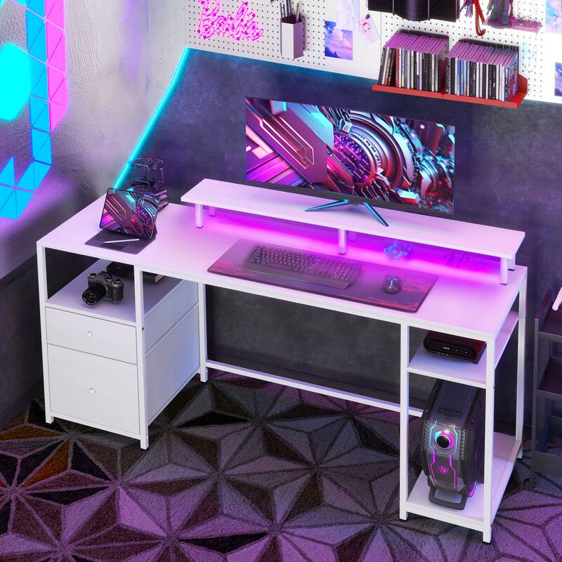 Modern 61" Computer Desk with LED Lights, Power Outlets, USB Ports, Storage Shelves & Fabric Drawers for Home Office