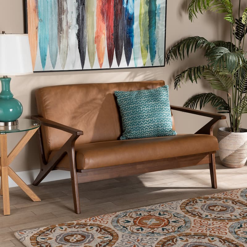 Bianca Mid-Century Modern Finished Wood and Faux Leather Loveseat