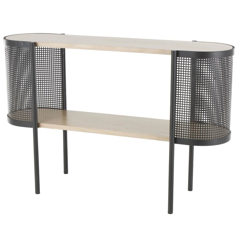 Wooden Oval Two-Toned Console Table with Mesh Side Panels and Brown Wood Tabletop - Light Brown - Roche River Decor - Light Brown