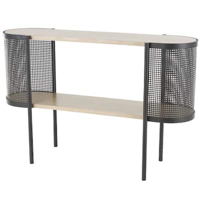 Wooden Oval Two-Toned Console Table with Mesh Side Panels and Brown Wood Tabletop - Light Brown - Roche River Decor