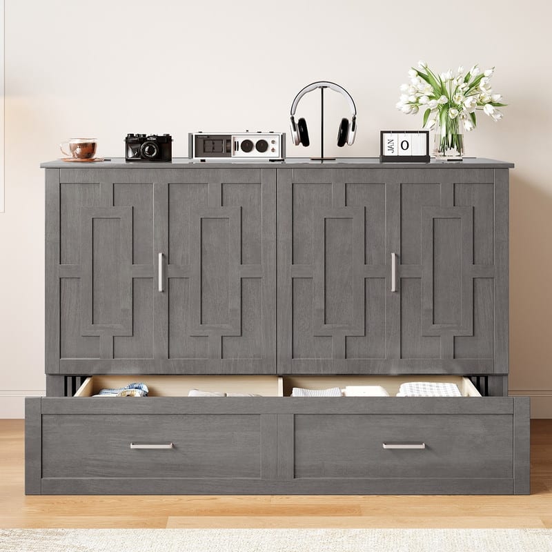 Mixoy Queen Modern Murphy Bed Chest with Mattress,Storage Drawer,Charging Station