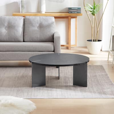 Modern Coffee Table Simple Coffee Table Round Coffee Table with Oak Tabletop and Black Table Legs, for Living Room