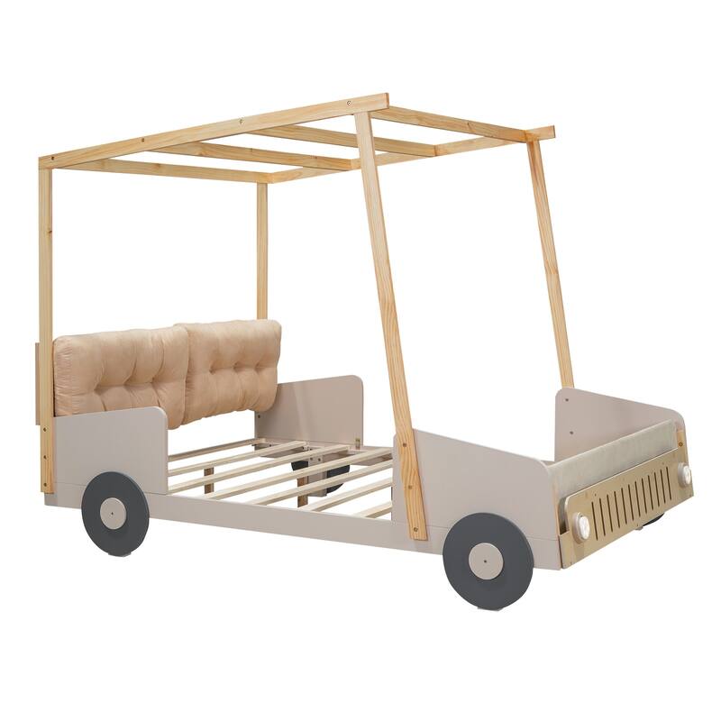 Twin/Full Car Bed for Kids with Pillow, Ceiling Cloth, LED Lights, and Magazine Holder