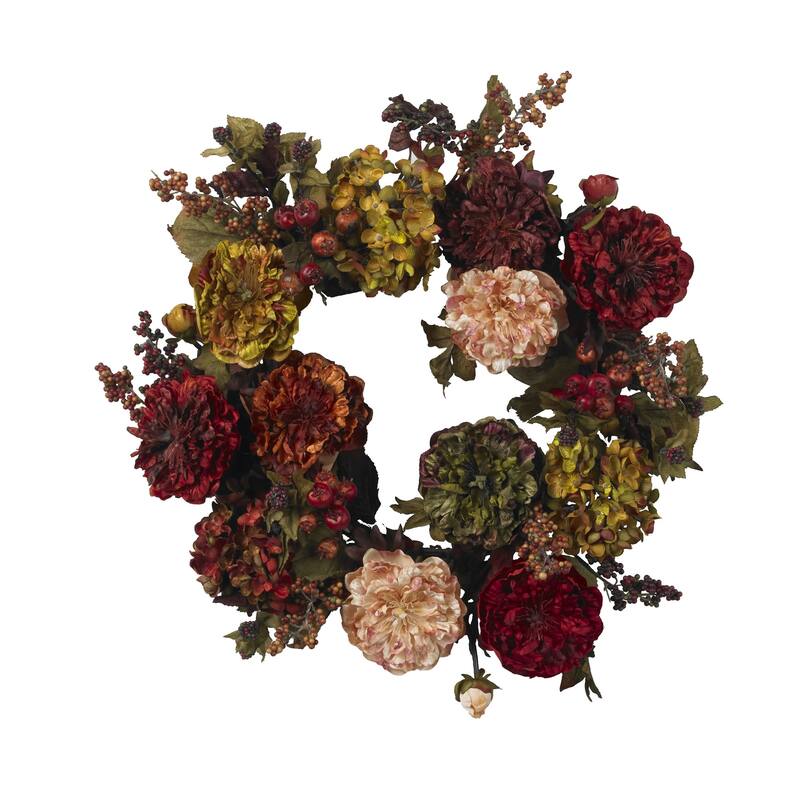 Hydrangea and Peony Hydrangea Artificial Fall Harvest Wreath, 22-Inch, Unlit
