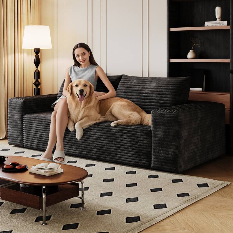 63 Inch Corduroy Fabric Sofa, Deep Seat Loveseat, No Assembly, Black for Living Room, Bedroom, Apartment