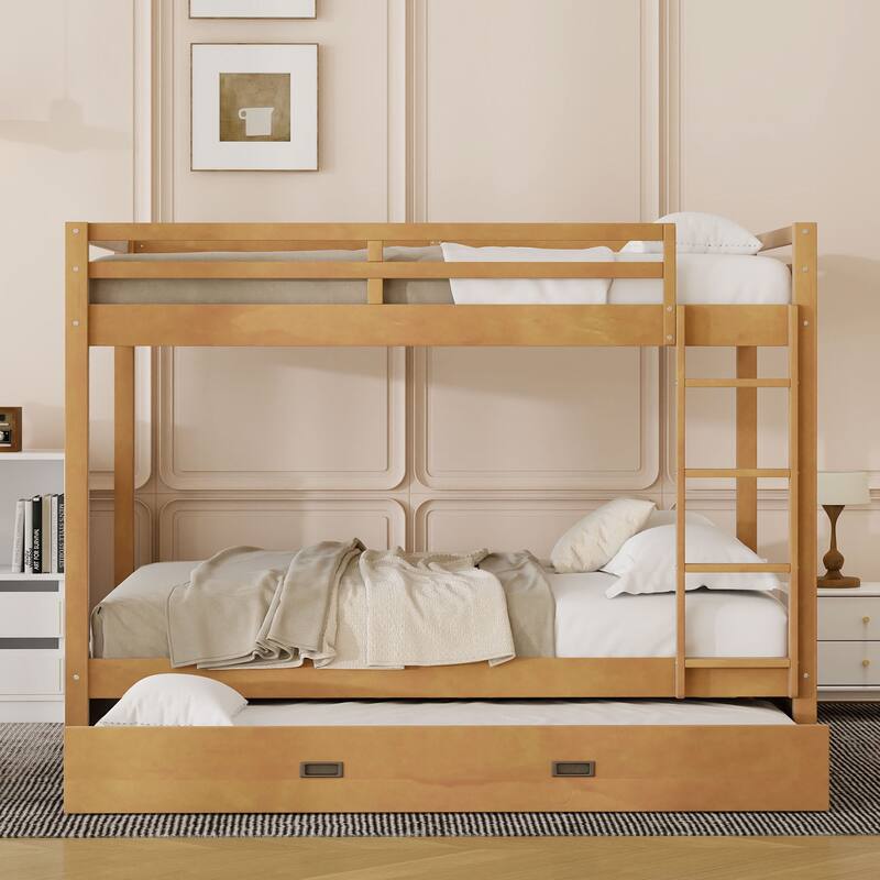 Wood Queen Size Bunk Bed with Ladder and Twin XL Trundle