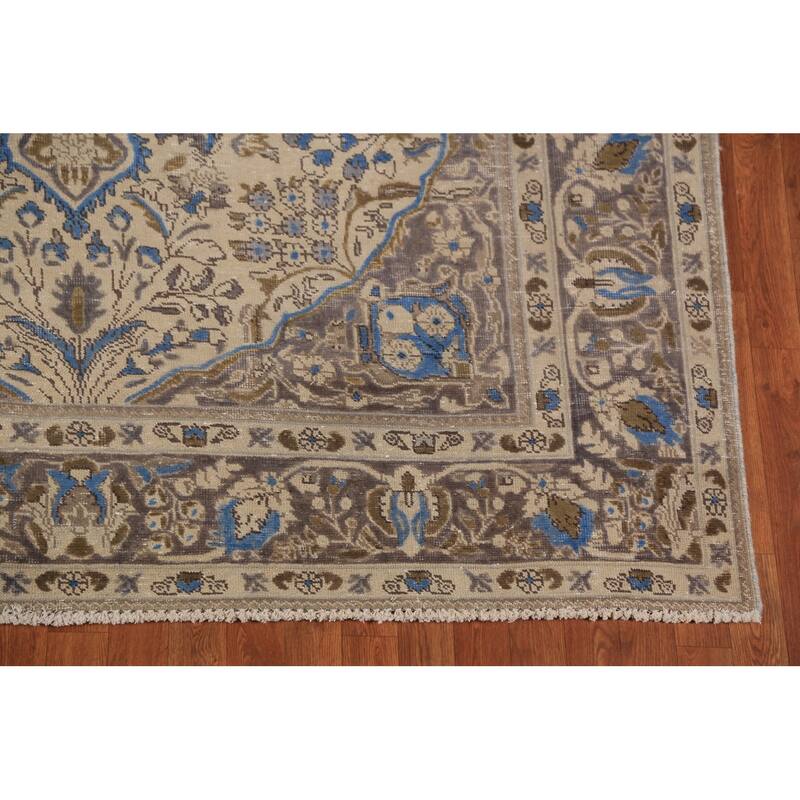 Floral Tabriz Persian Area Rug Beige Hand-Knotted Wool Carpet - 6'8"x 9'6"
