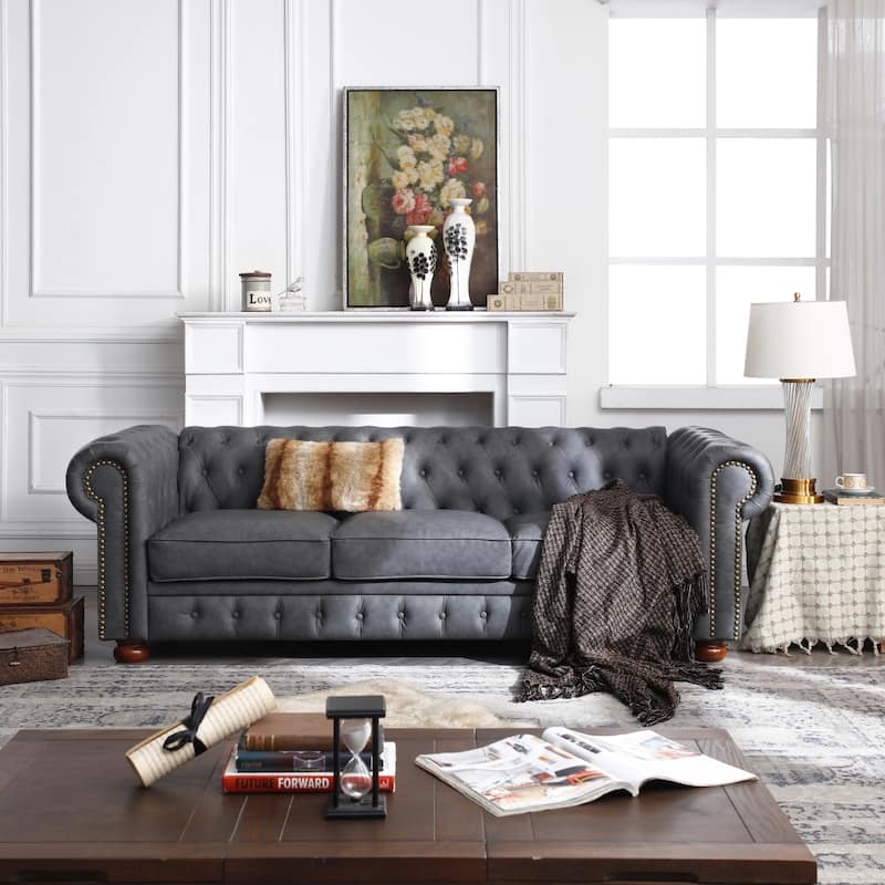 Chesterfield Sofa, 88.5" Upholstered Sofa Couch with Low Back, Roll Arm Nailhead Trim Classic 3 Seater Sofa for Living Room Home - Dark Grey