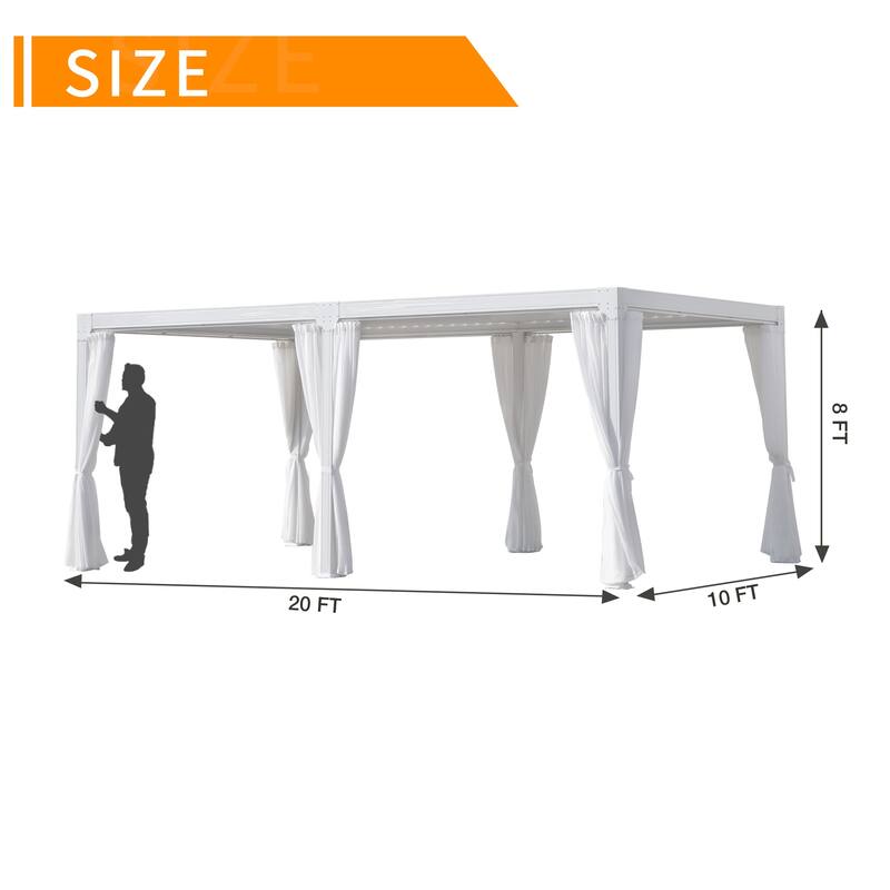Cozywor Adjustable Louvered Roof Aluminum Pergola with Net Curtain - 10 × 20 - White