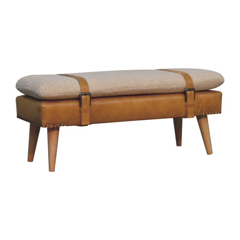 Artisan Furniture Solid Wood Bouclé Buffalo Hide Tan Leather Bench