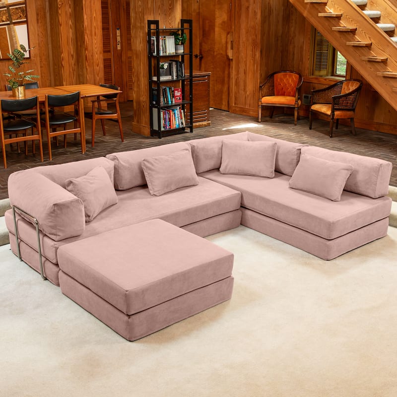 Jaxx Unsofa Modular Convertible Sectional Sofa with Fold Out King Sleeper Bed - U-Shaped Sectional. - Corduroy Peony Pink