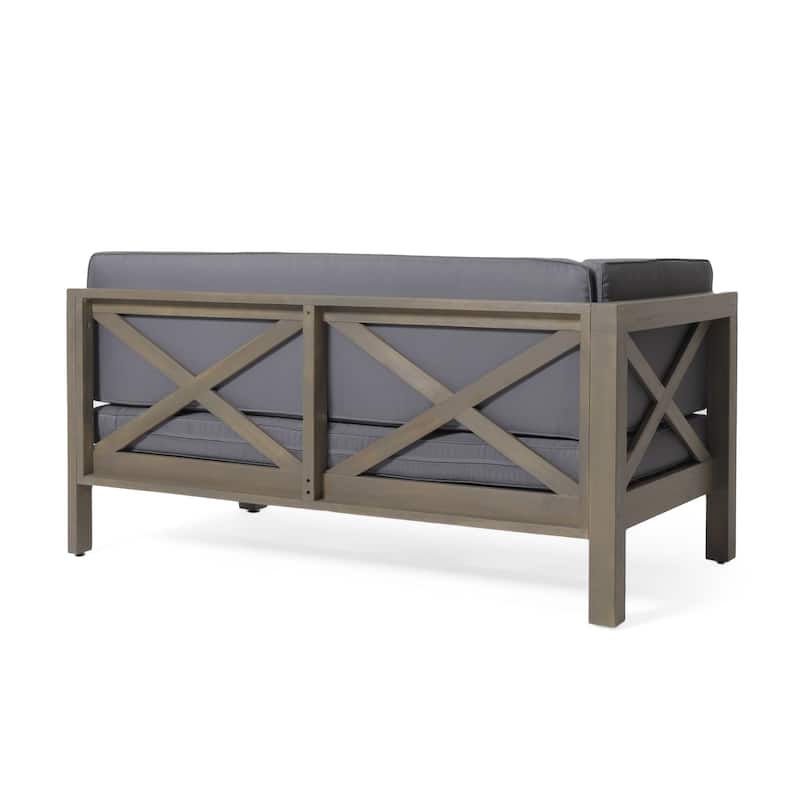 Brava Outdoor Acacia Wood Left Arm Loveseat Coffee Table and Chair Conversation Set with Cushions by Christopher Knight Home