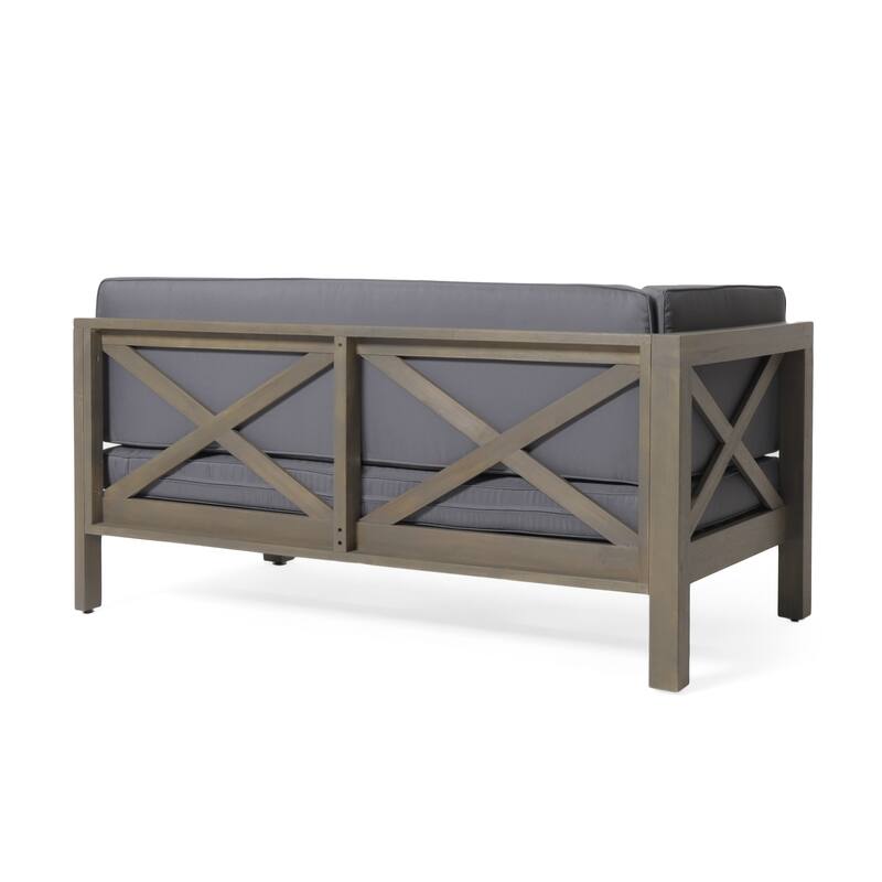 Roomfitters Outdoor Sectional Sofa Left Corner Bench with X-Back Acacia Wood Frame and Cushions