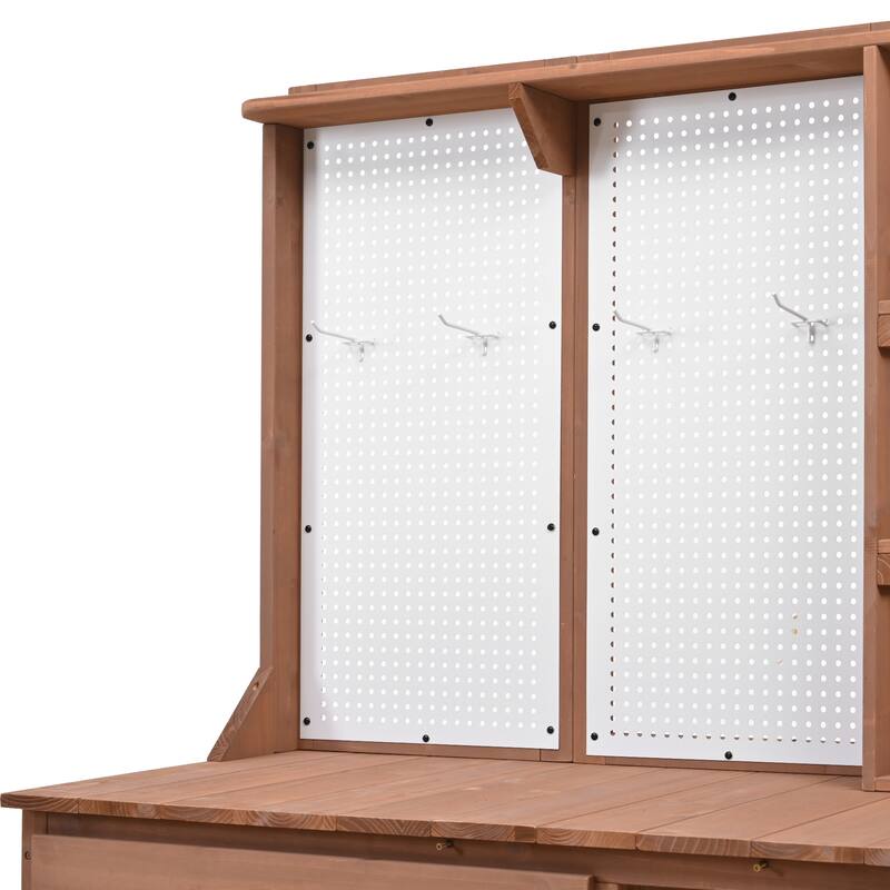 Outdoor Wood Potting Bench with Pegboard, Cabinet & Shelves, Garden Work Table with Hooks and Drawer
