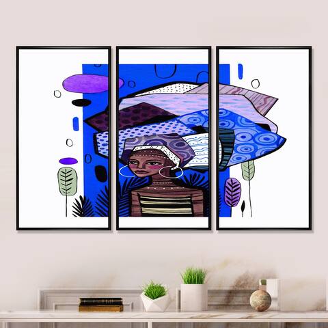 Designart 'African American Girl With Blue Geometrics' Mid-Century Modern Framed Canvas Wall Art Set of 3 - 4 Colors of Frames