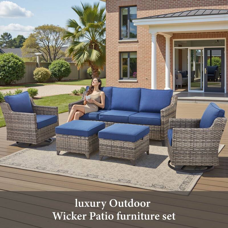 Glissia 5-Piece Gray Wicker Patio Conversation Set with Swivel Gliders and Ottomans