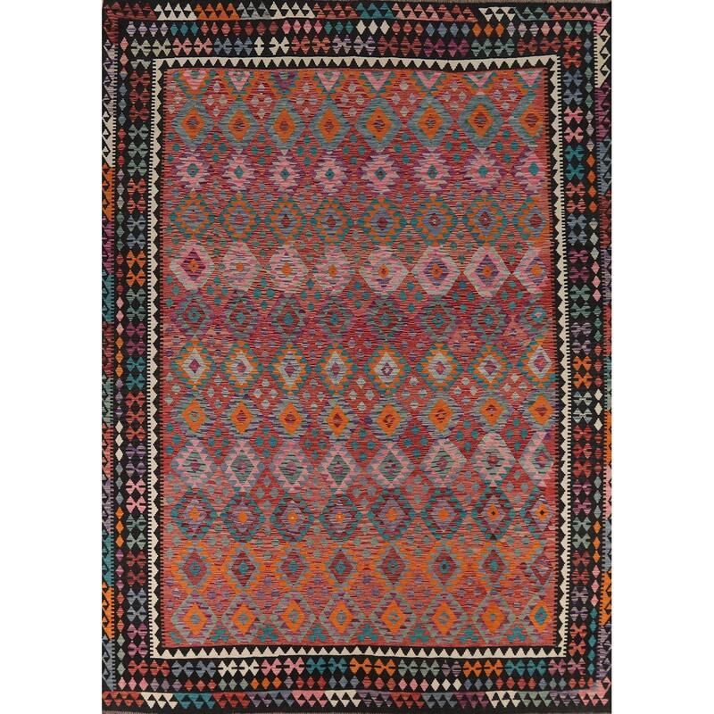 Kilim Area Rug Hand-Woven Geometric Wool Carpet - 10'4" x 13'2"