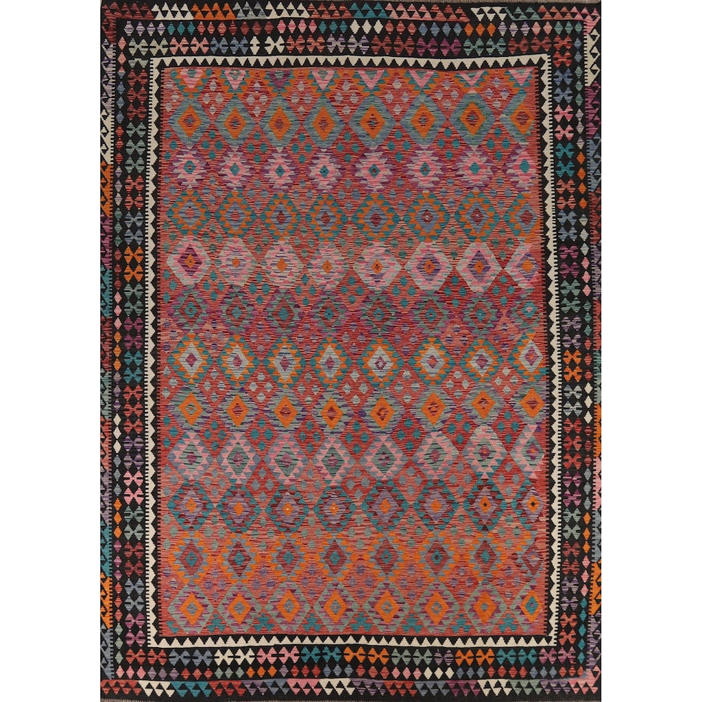 Kilim Area Rug Hand-Woven Geometric Wool Carpet - 10'4" x 13'2"