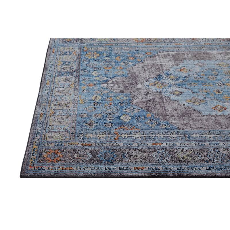 Matana Medallion Space Dyed Rug, Azure Blue/Light Gray, Accent Rug