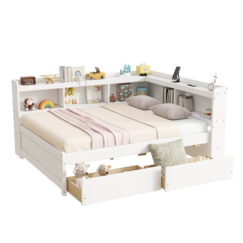 Wooden Platform Sofa Bed Frame with L Shaped Bookcase and Charging Station, Living Room Corner Daybed with 2 Storage Drawers