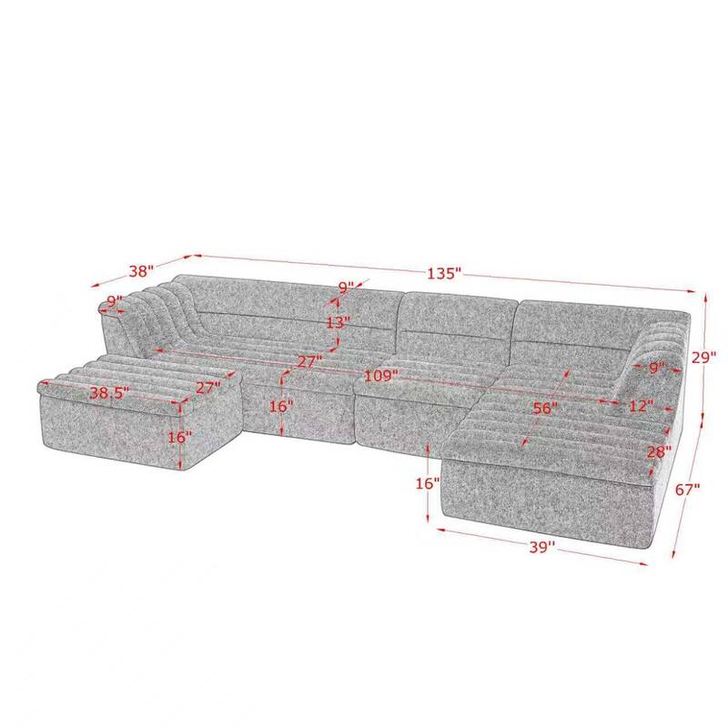 135" Chenille U-Shaped Modular Sectional Couch with Chaise, Movable Ottoman, Deep Seat Boneless Sofa for Living Room