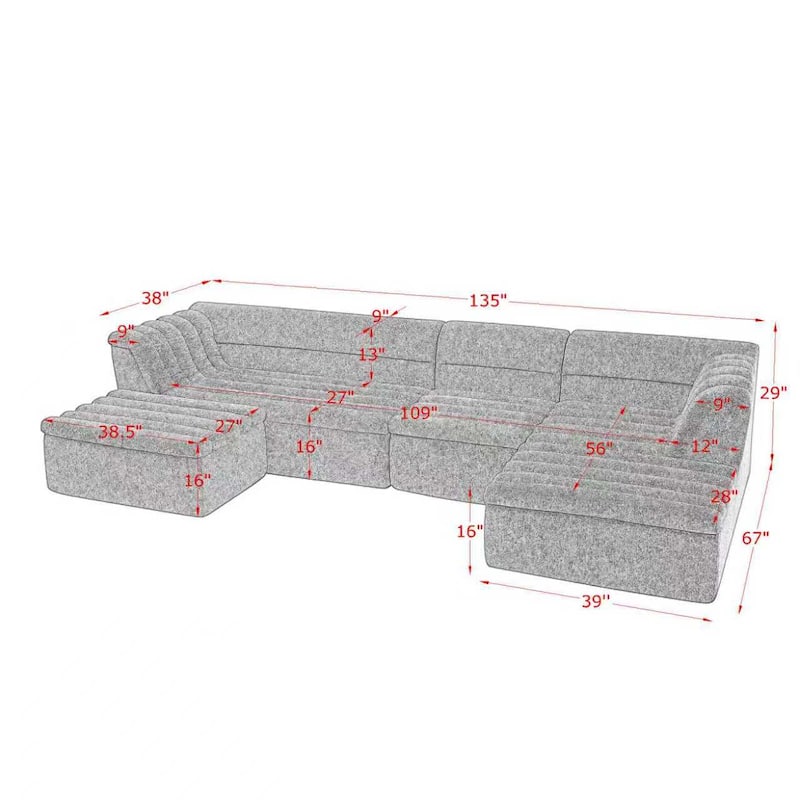 Modular Deep Seat Couches Chenille U-shaped Sleeper Sectional Sofa with Chaise, Ottoman and Wave-Shaped Armrest