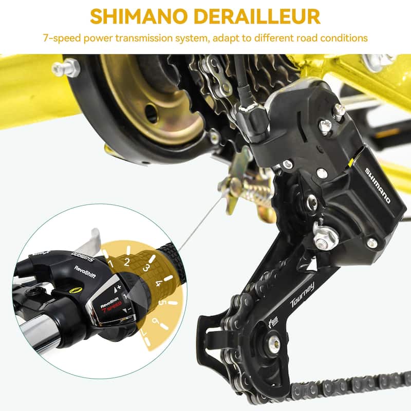 24"/26" Yellow Adult Tricycle 7 Speed Trike Bike with Shimano Shifting with Removable Baskets