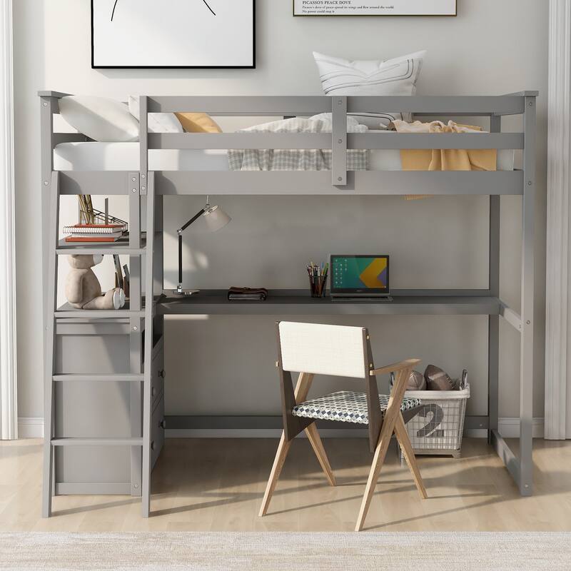 Loft Bed with Desk and Shelves, Two Built-in Drawers