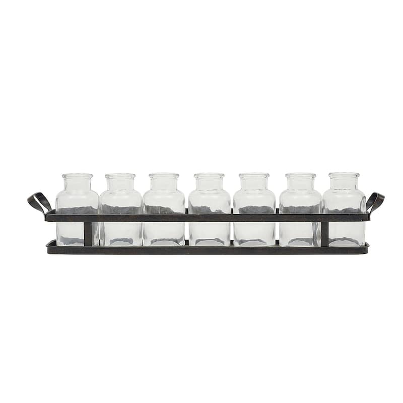 7 Glass Bottles on Metal Tray with Handles - Clear