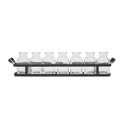7 Glass Bottles on Metal Tray with Handles