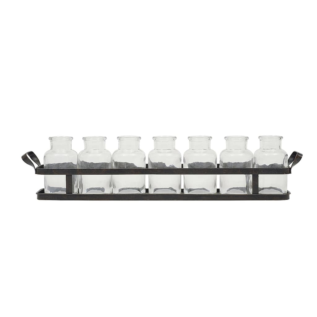 7 Glass Bottles on Metal Tray with Handles