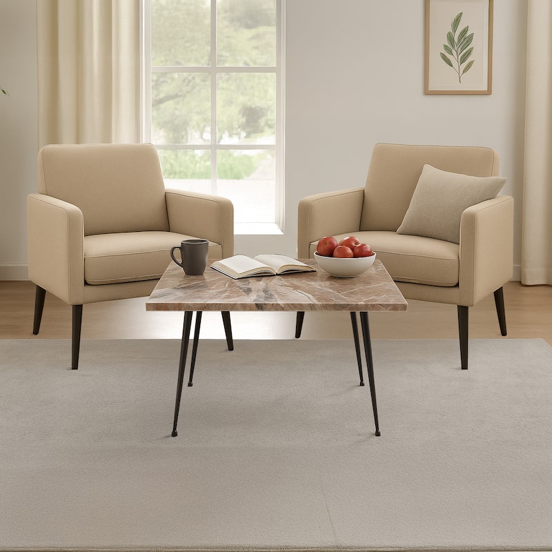 Taro Coffee Table, 24 Inch Square Taupe Brown Real Marble Top, Black Metal Legs