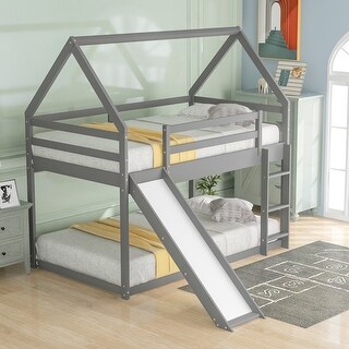 Modern Twin Size Wood Bunk House Bed with Slide, Ladder & Roof, Gray