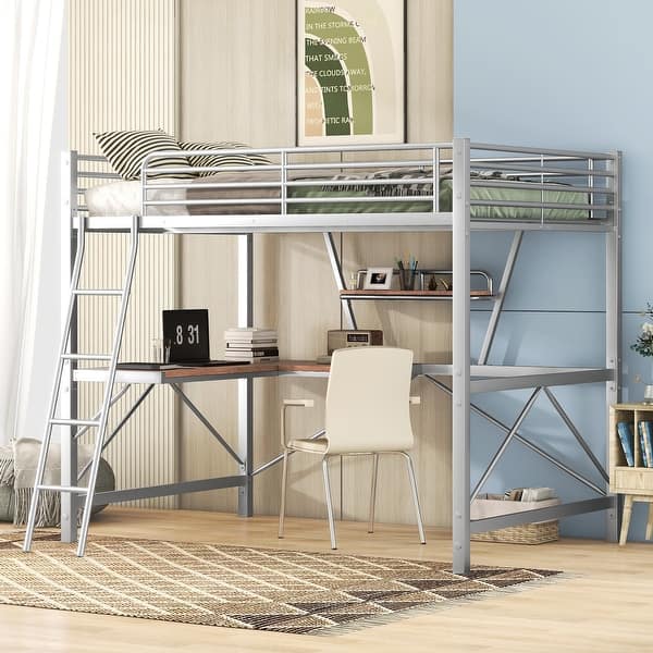 slide 2 of 21, Full Size Loft Bed with Desk and Shelf, Sturdy Metal & MDF Frame Silver
