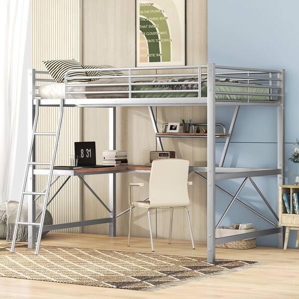slide 2 of 8, Full Size Metal Loft Frame wFull-Length Guardrail, Desk, Shelf,Silver Silver - Full
