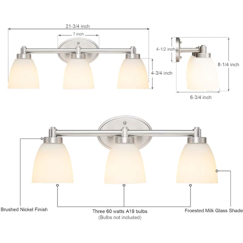 3-Light Dimmable Brushed Nickel Vanity Light Fixture